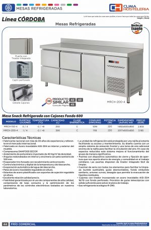 Mesa Snack Refrigerada 4 cajones Fondo 600 de 1492 x600 x850h mm CORDOBA MRCH-150-4