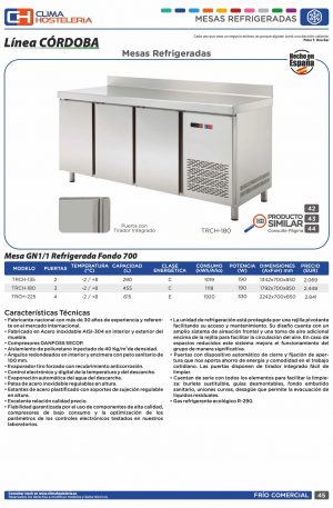 Mesa GN/1 Refrigerada 4 puertas Fondo 700 de 2242 x700 x850h mm CORDOBA TRCH-225