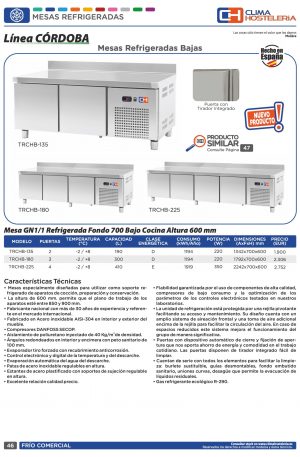 Mesa Baja GN/1 Refrigerada 4 puertas Fondo 700 de 2242 x700 x600h mm CORDOBA TRCHB-225