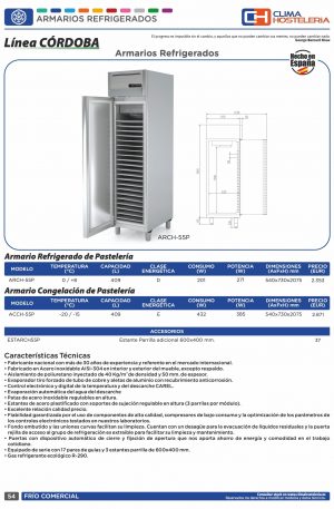 Armario Refrigerado de Pastelería bandeja 60×40 cm de 540x730x2075h mm CORDOBA ARCH-55P