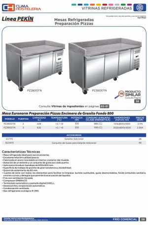 Mesa Euronorm 3 Puertas Preparación Pizzas con Encimera de Granito de 2025 x800 x1000h mm PEKIN PZ3600TN