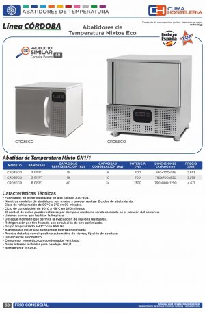 Abatidor de Temperatura Mixto 5 Bandejas GN1/1 de 790 x700 x850h mm CORDOBA CR05ECO