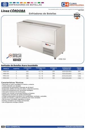 Enfriador de Botellas 2 Puertas Inoxidable Interior y Exterior de 1000 x550 x850h mm CORDOBA MRB-100I