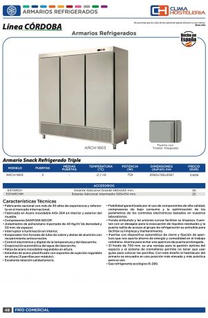 Armario Snack Refrigerado 3 Puertas Fondo 726 de 2083 x726 x2067h mm CORDOBA ARCH-1803