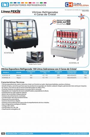 Expositor Refrigerado 4 Caras 100 litros Negro de 682 x450 x675h mm Línea Pekín XCW-100L-N