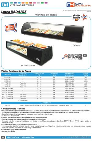 Vitrina refrigerada de tapas placa lisa color negro dim.1456x390x287h mm línea Badajoz 6VTL PLANA-NE
