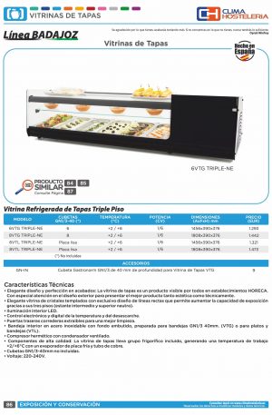 Vitrina refrigerada de tapas triple piso 8 bandejas GN1/3-40 color negro dim.1808x390x376h mm línea Badajoz 8VTG TRIPLE-NE