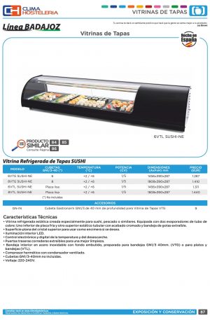Vitrina refrigerada de tapas Sushi placa lisa color negro dim.1808x390x287h mm línea Badajoz 8VTL SUSHI-NE